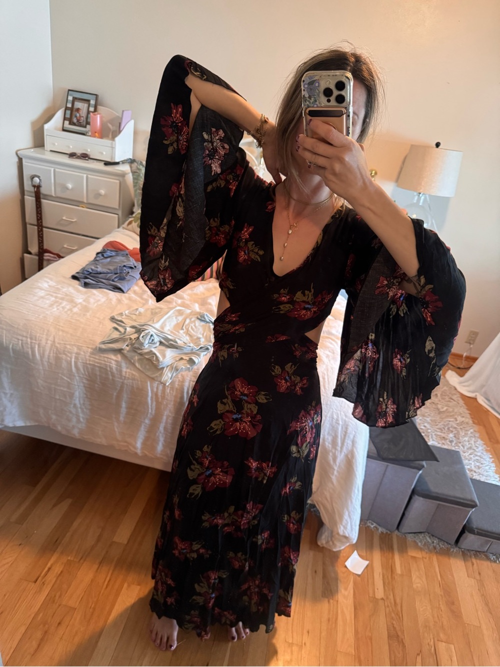 Free People Black Floral Maxi Dress with Red & Green Accents